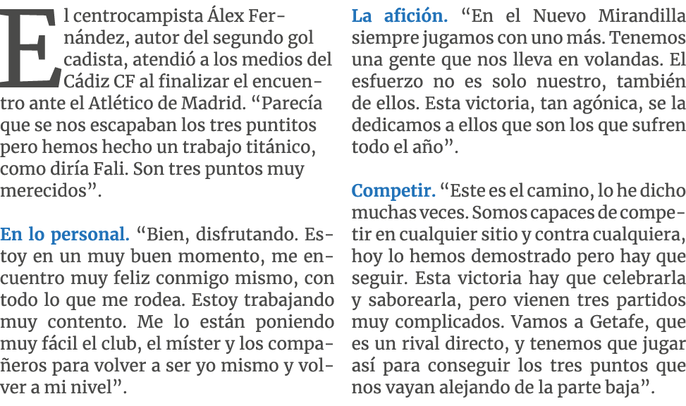 El centrocampista lex Fern ndez, autor del segundo gol cadista, atendi  a los medios del C diz CF al finalizar el en...