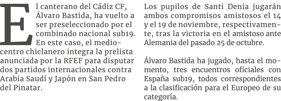 El canterano del C diz CF, lvaro Bastida, ha vuelto a ser preseleccionado por el combinado nacional sub19. En este c...