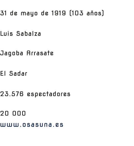 FUNDACI N 31 de mayo de 1919 (103 a os) PRESIDENTE Luis Sabalza ENTRENADOR Jagoba Arrasate ESTADIO El Sadar CAPACIDAD...