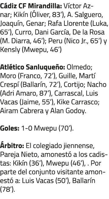 C diz CF Mirandilla: V ctor Aznar; Kik n ( liver, 83’), A. Salguero, Joaqu n, Genar; Rafa Llorente (Luka, 65’), Curro...