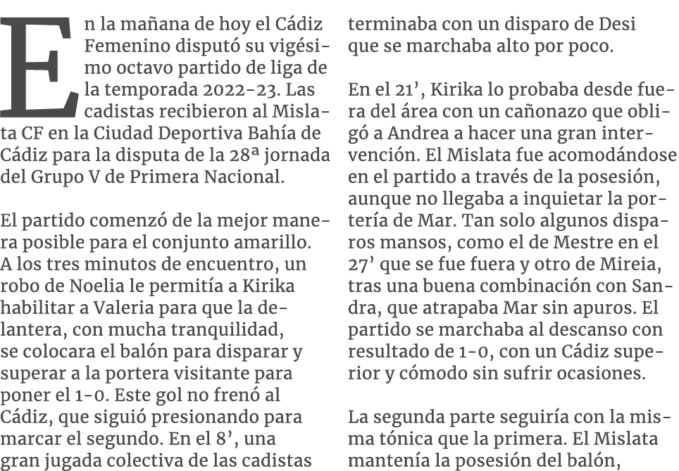 En la ma ana de hoy el C diz Femenino disput su vig simo octavo partido de liga de la temporada 2022 23. Las cadista...