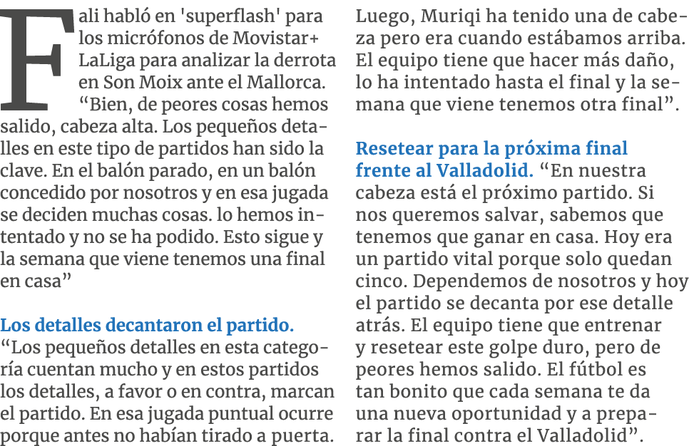 Fali habl en 'superflash' para los micr fonos de Movistar+ LaLiga para analizar la derrota en Son Moix ante el Mallo...