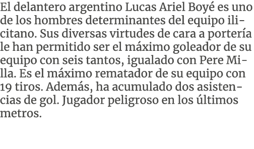 El delantero argentino Lucas Ariel Boy es uno de los hombres determinantes del equipo ilicitano. Sus diversas virtud...