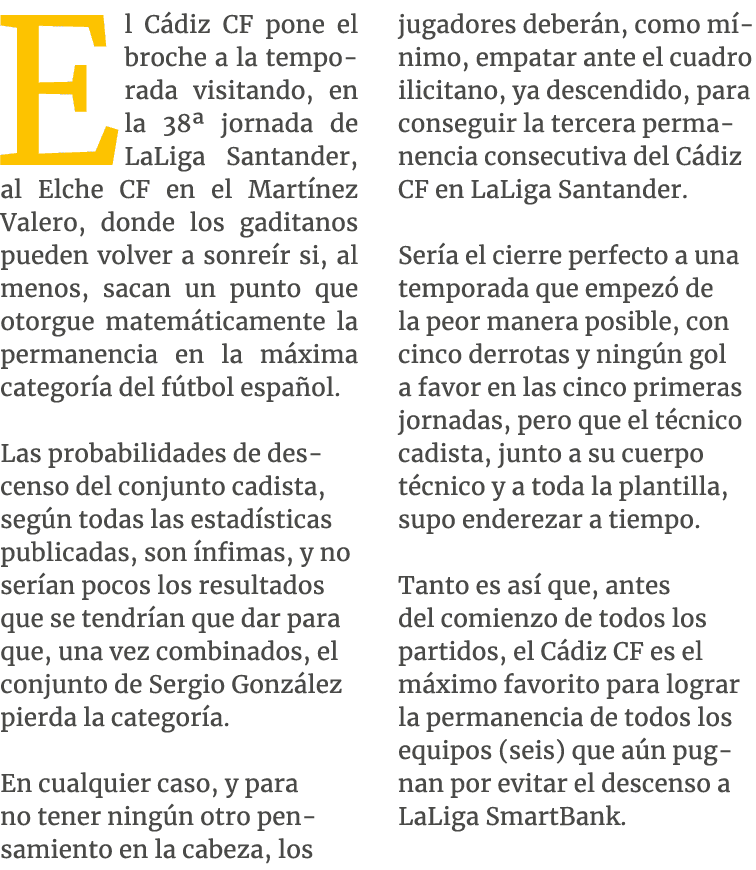 El C diz CF pone el broche a la temporada visitando, en la 38ª jornada de LaLiga Santander, al Elche CF en el Mart ne...