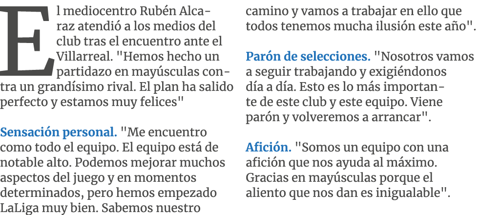 El mediocentro Rub n Alcaraz atendi a los medios del club tras el encuentro ante el Villarreal. \“Hemos hecho un par...