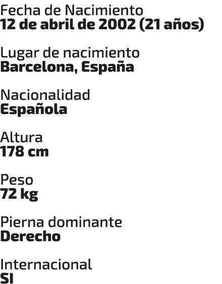 Fecha de Nacimiento 12 de abril de 2002 (21 a os) Lugar de nacimiento Barcelona, Espa a Nacionalidad Espa ola Altura ...