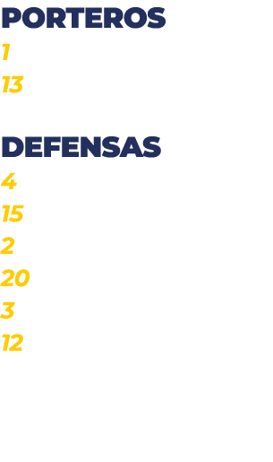 PORTEROS 1 J. Ortega 13 J. dur n DEFENSAS 4 Xiler 15 genar forn s 2 a. pedraza 20 a. espinola 3 roig 12 marc VArgas