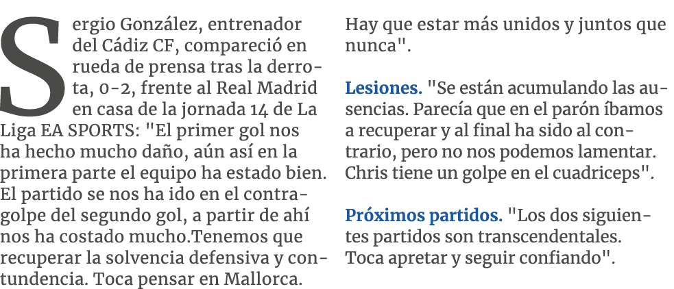 Sergio Gonz lez, entrenador del C diz CF, compareci en rueda de prensa tras la derrota, 0 2, frente al Real Madrid e...