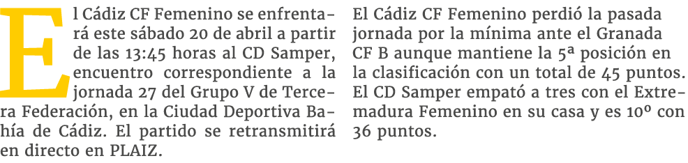 El C diz CF Femenino se enfrentar este s bado 20 de abril a partir de las 13:45 horas al CD Samper, encuentro corres...