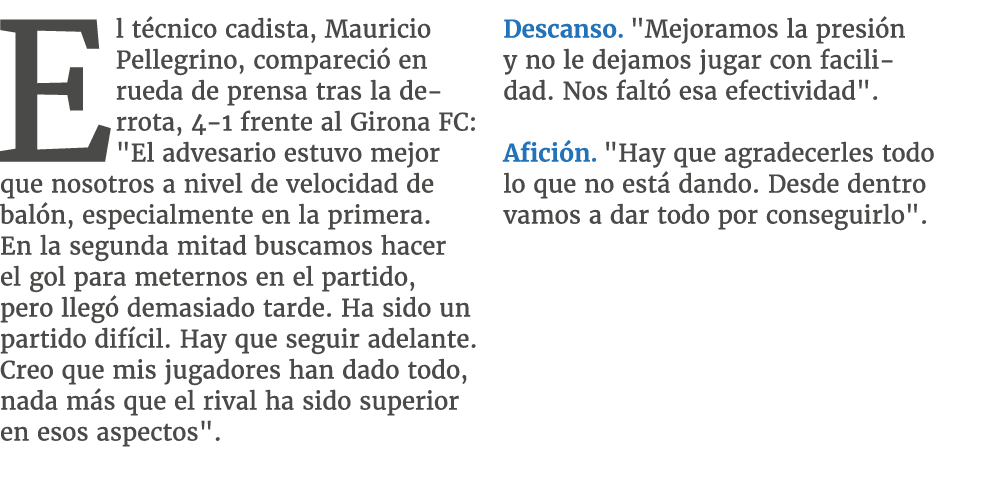 El t cnico cadista, Mauricio Pellegrino, compareci en rueda de prensa tras la derrota, 4 1 frente al Girona FC: \“El...