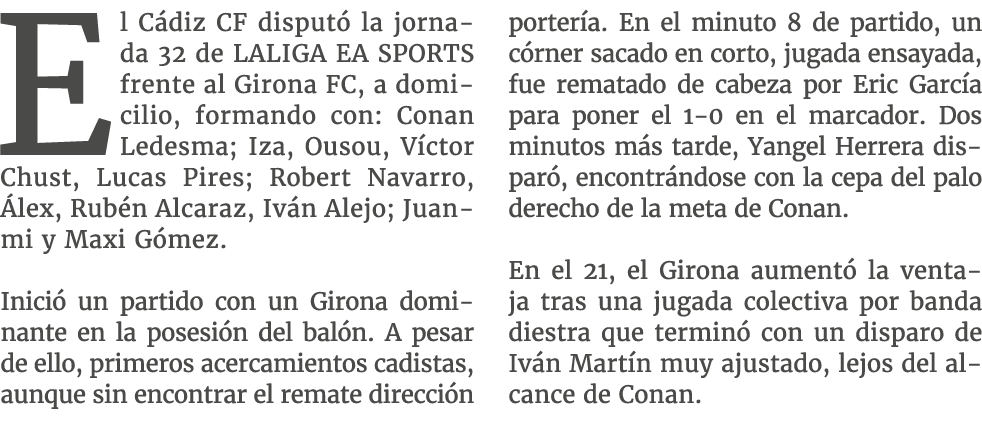 El C diz CF disput la jornada 32 de LALIGA EA SPORTS frente al Girona FC, a domicilio, formando con: Conan Ledesma; ...