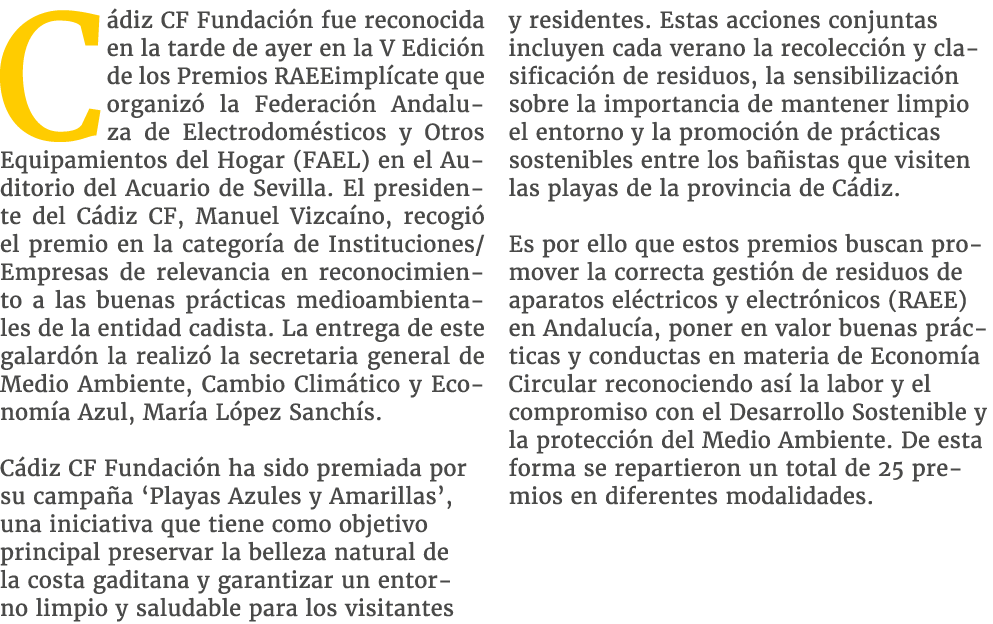 C diz CF Fundaci n fue reconocida en la tarde de ayer en la V Edici n de los Premios RAEEimpl cate que organiz la Fe...
