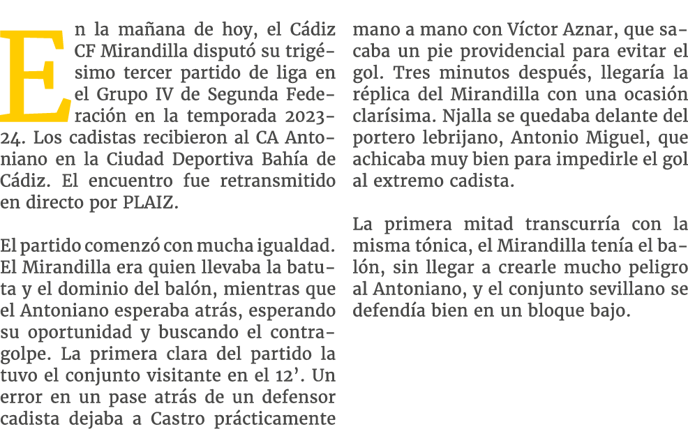 En la ma ana de hoy, el C diz CF Mirandilla disput su trig simo tercer partido de liga en el Grupo IV de Segunda Fed...