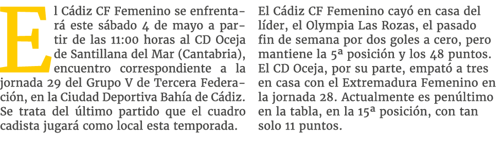 El C diz CF Femenino se enfrentar este s bado 4 de mayo a partir de las 11:00 horas al CD Oceja de Santillana del Ma...