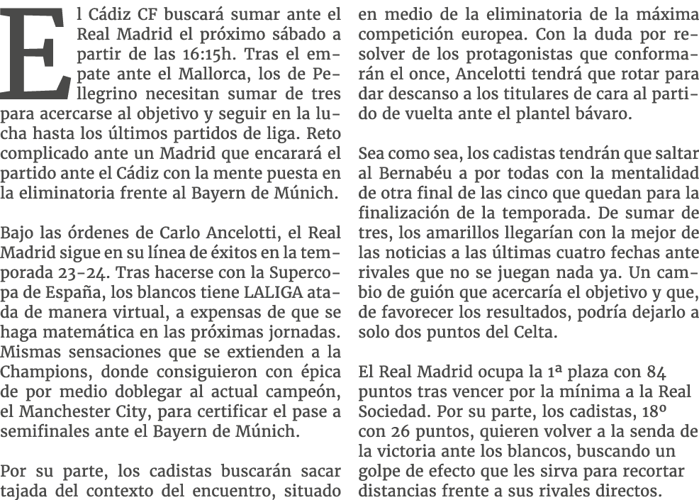 El C diz CF buscar sumar ante el Real Madrid el pr ximo s bado a partir de las 16:15h. Tras el empate ante el Mallor...