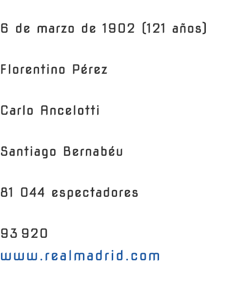 FUNDACI N 6 de marzo de 1902 (121 a os)PRESIDENTE Florentino P rez ENTRENADOR Carlo Ancelotti ESTADIO Santiago Bernab...