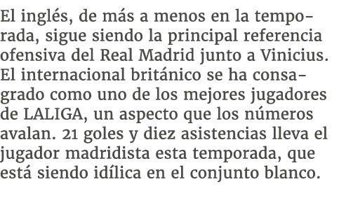 El ingl s, de m s a menos en la temporada, sigue siendo la principal referencia ofensiva del Real Madrid junto a Vini...