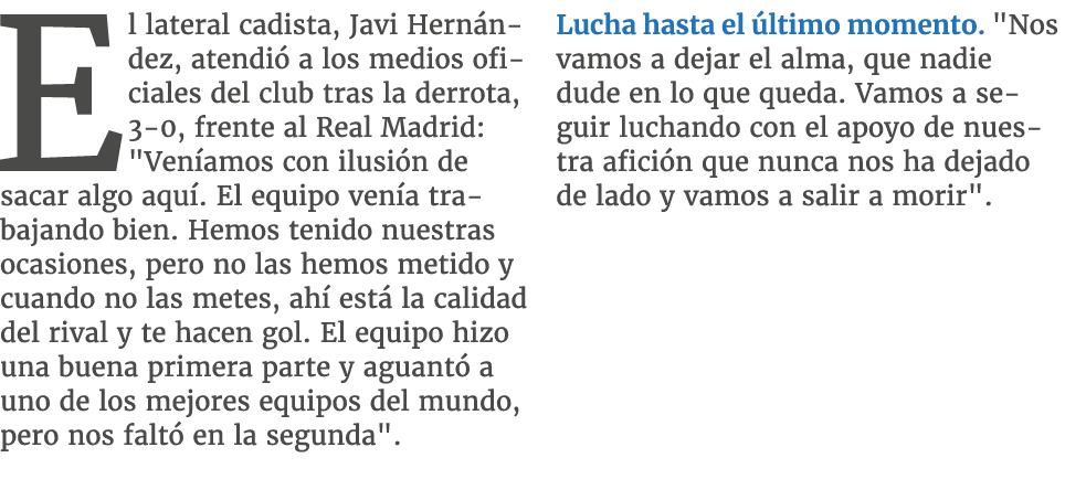 El lateral cadista, Javi Hern ndez, atendi a los medios oficiales del club tras la derrota, 3 0, frente al Real Madr...