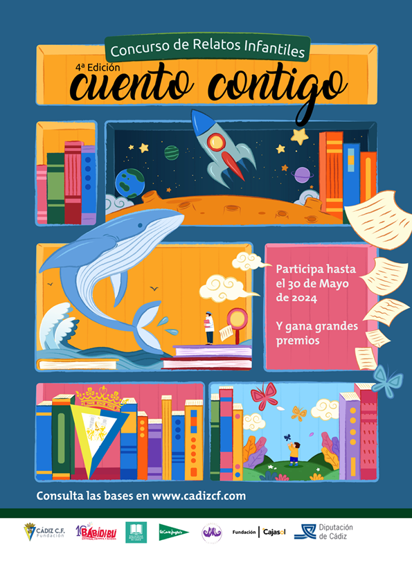 World book day poster. Illustrated bookshelf with cubes represent different worlds of stories and knowledge. Including world of outer space, ocean, wild life, and imagination.