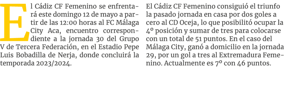 El C diz CF Femenino se enfrentar este domingo 12 de mayo a partir de las 12:00 horas al FC M laga City Aca, encuent...