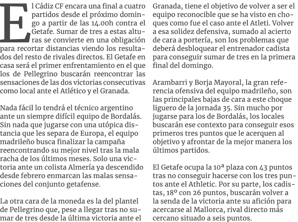 El C diz CF encara una final a cuatro partidos desde el pr ximo domingo a partir de las 14.00h contra el Getafe. Suma...