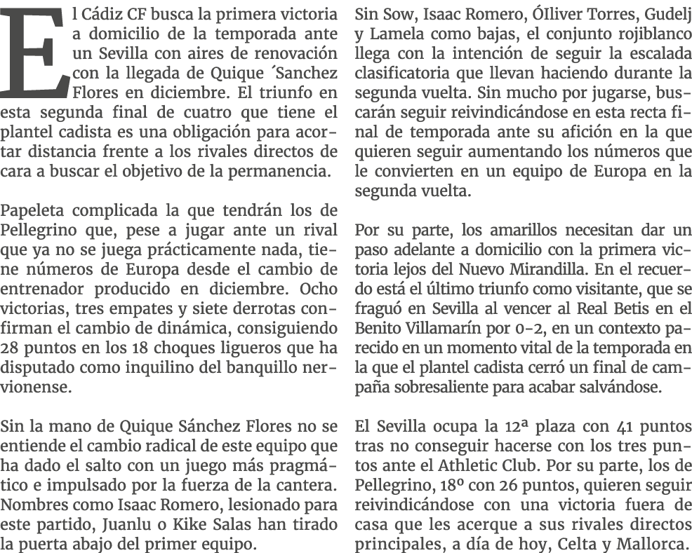 El C diz CF busca la primera victoria a domicilio de la temporada ante un Sevilla con aires de renovaci n con la lleg...