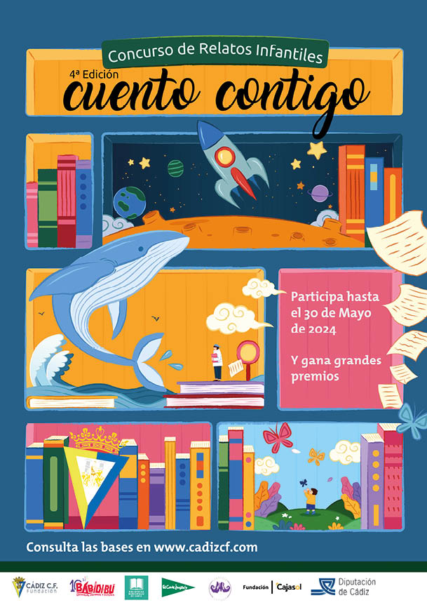 World book day poster. Illustrated bookshelf with cubes represent different worlds of stories and knowledge. Including world of outer space, ocean, wild life, and imagination.