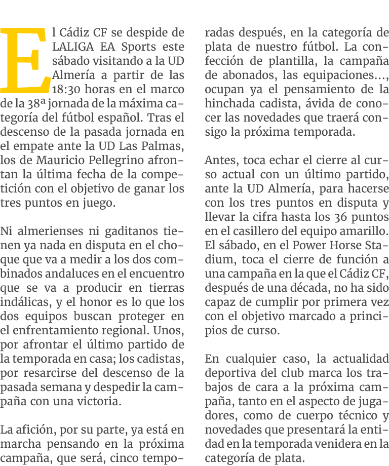 El C diz CF se despide de LALIGA EA Sports este s bado visitando a la UD Almer a a partir de las 18:30 horas en el ma...