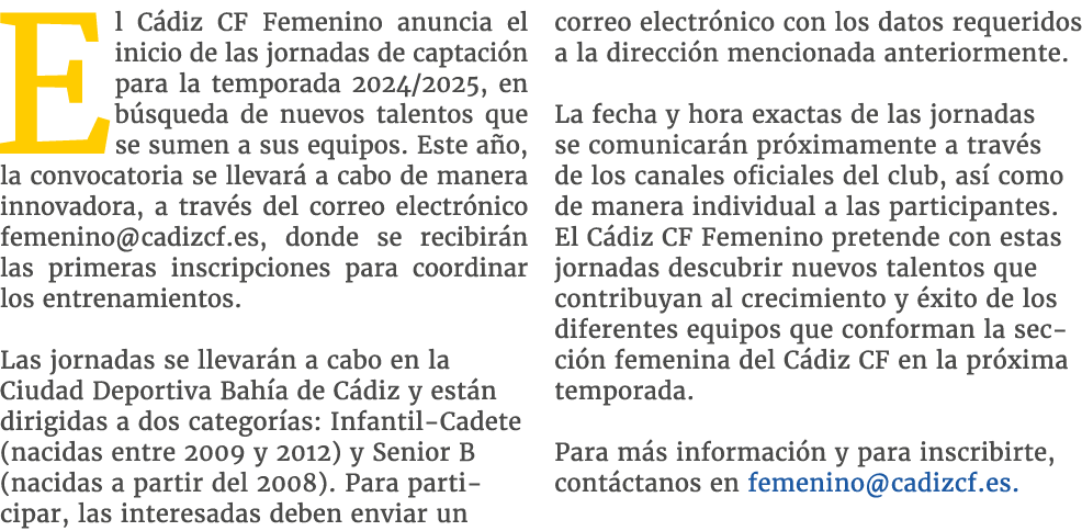 El C diz CF Femenino anuncia el inicio de las jornadas de captaci n para la temporada 2024/2025, en b squeda de nuevo...