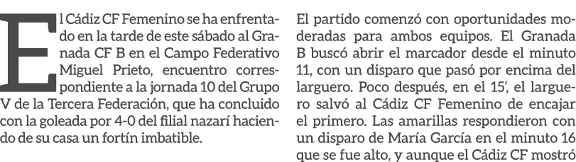 El C diz CF Femenino se ha enfrentado en la tarde de este s bado al Granada CF B en el Campo Federativo Miguel Prieto...