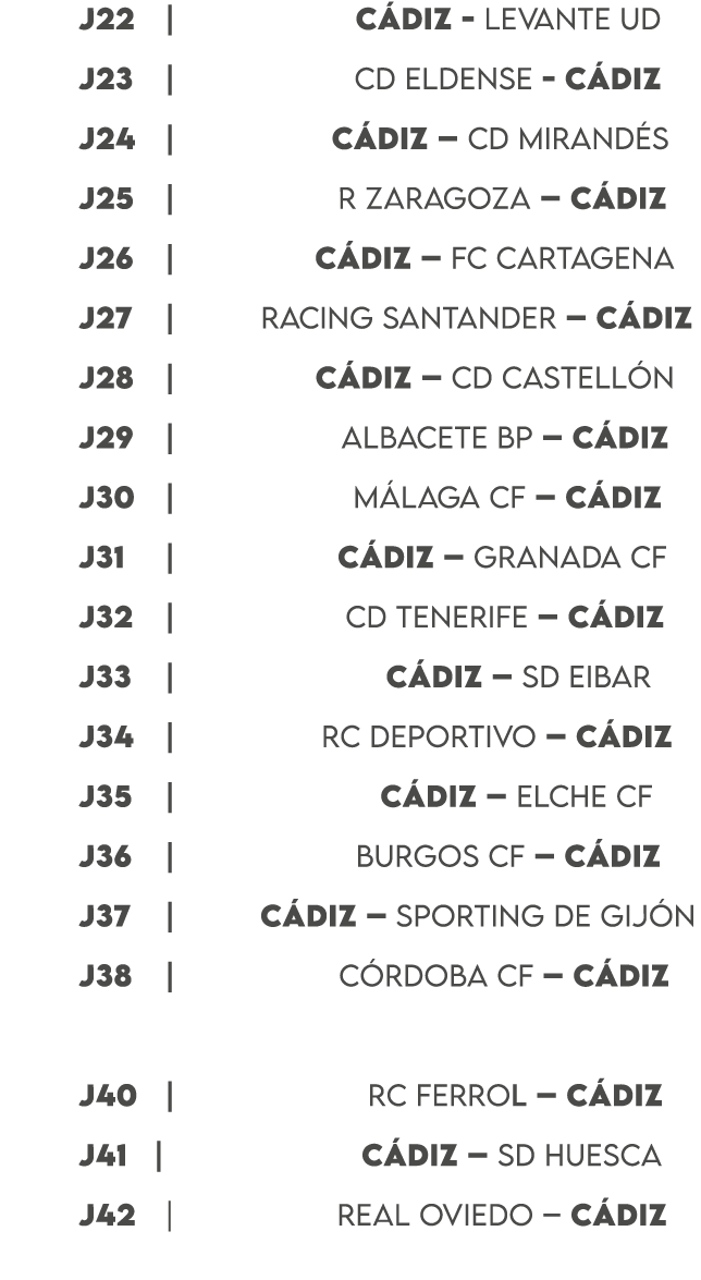  J22 | C DIZ LEVANTE UD J23 | CD ELDENSE C DIZ J24 | C DIZ – CD MIRAND S j25 | R ZARAGOZA – C DIZ J26 | C DIZ – FC CA...