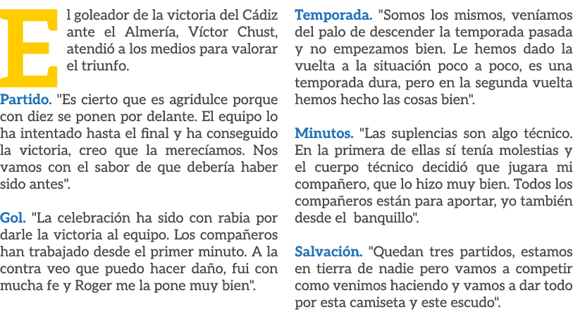 El goleador de la victoria del C diz ante el Almer a, V ctor Chust, atendi a los medios para valorar el triunfo. Par...