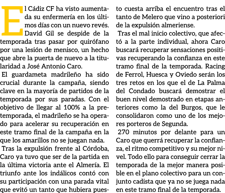 El C diz CF ha visto aumentada su enfermer a en los ltimos d as con un nuevo rev s. David Gil se despide de la tempo...