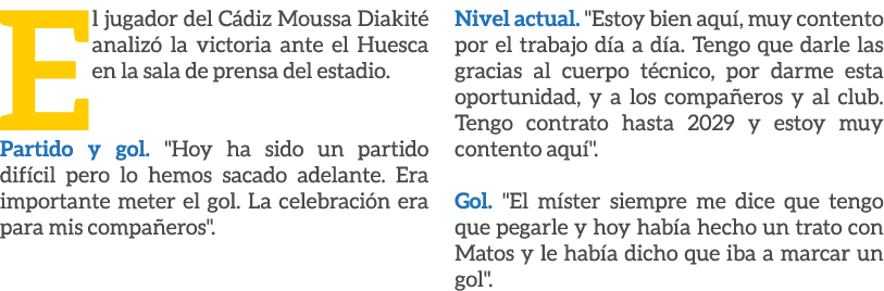 El jugador del C diz Moussa Diakit analiz  la victoria ante el Huesca en la sala de prensa del estadio. Partido y go...