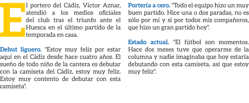El portero del C diz, V ctor Aznar, atendi a los medios oficiales del club tras el triunfo ante el Huesca en el  lti...