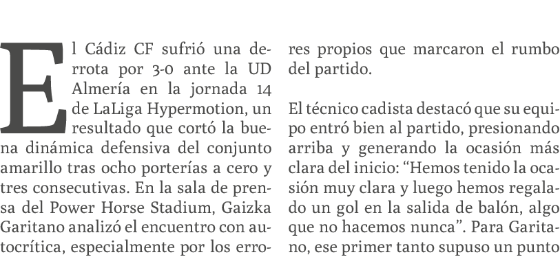 El C diz CF sufri una derrota por 3 0 ante la UD Almer a en la jornada 14 de LaLiga Hypermotion, un resultado que co...