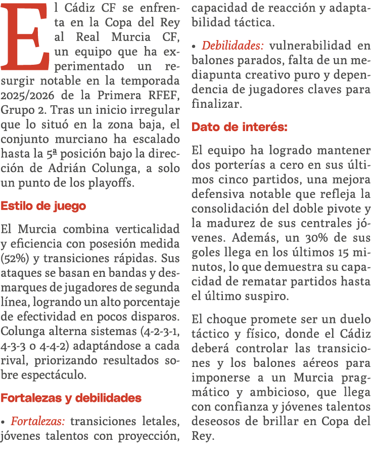 El C diz CF se enfrenta en la Copa del Rey al Real Murcia CF, un equipo que ha experimentado un resurgir notable en l...