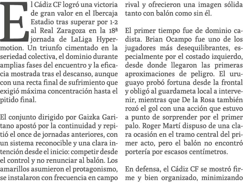 El C diz CF logr una victoria de gran valor en el Ibercaja Estadio tras superar por 1 2 al Real Zaragoza en la 18ª j...