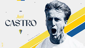 Persona con expresi n de sorpresa o emoci n vistiendo camiseta blanca junto al texto Javi Castro y el escudo del C diz CF en un dise o gr fico con colores amarillo y azul. Descripci n generada con IA