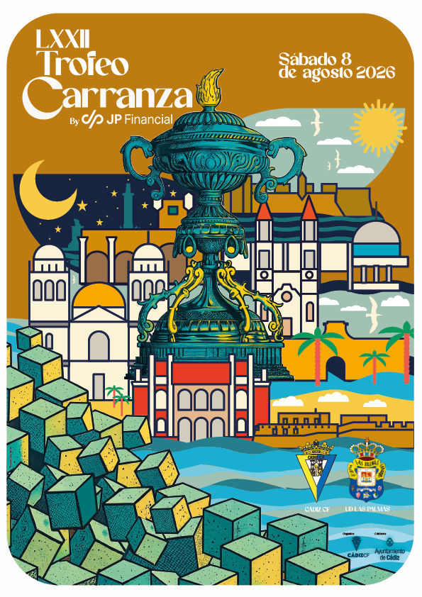 Cartel colorido con ilustraciones de un trofeo, edificios hist ricos y elementos culturales anunciando el LXII Trofeo Carranza para el s bado 8 de agosto de 2028. Descripci n generada con IA
