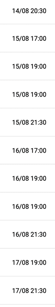 Fechas y horas listadas en formato d a/mes y hora, organizadas en una columna con varios intervalos de tiempo. Descripci n generada con IA