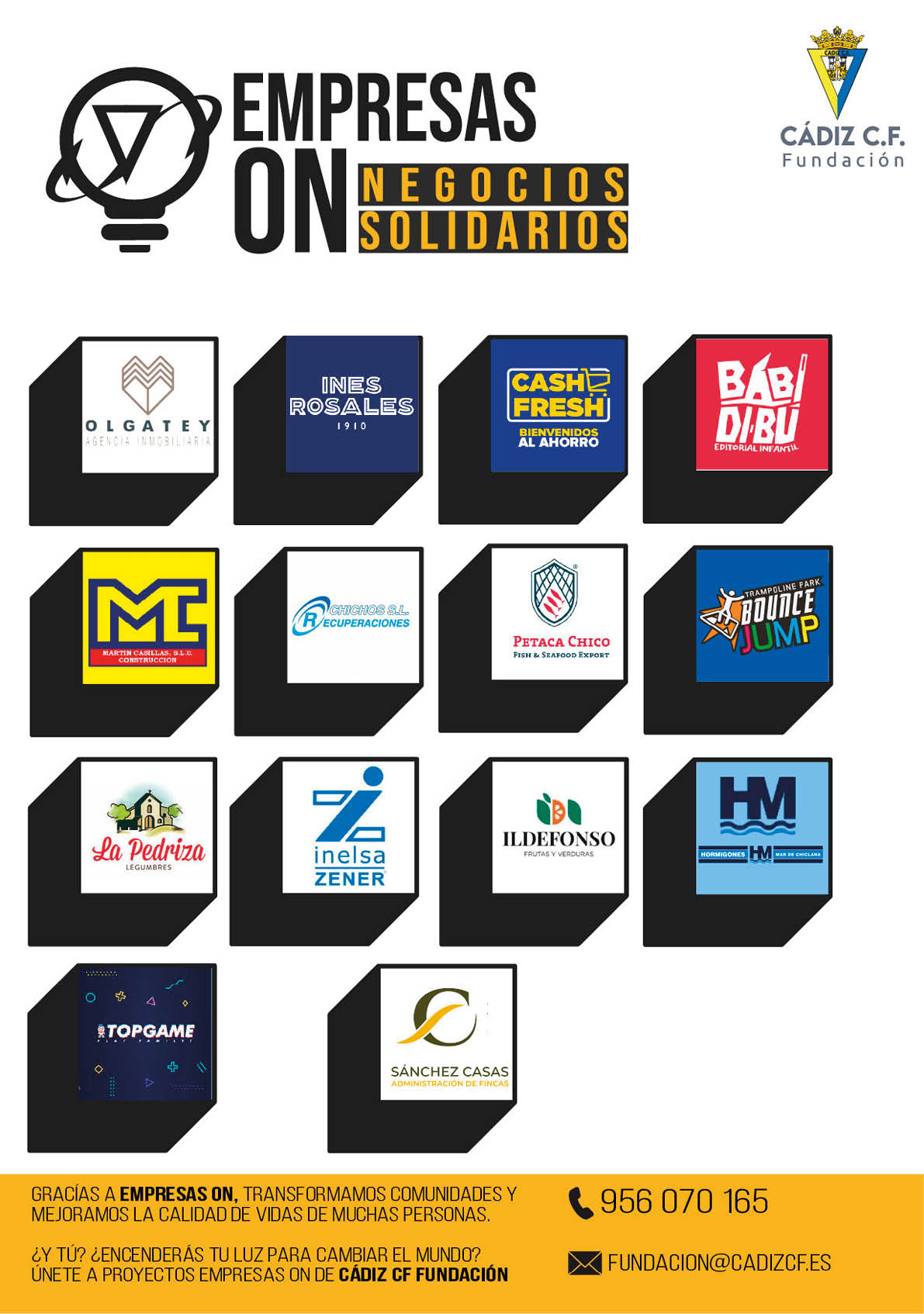 Logotipo de la campa a Empresas ON Negocios Solidarios de la Fundaci n C diz C.F. con varios logos de empresas colaboradoras y datos de contacto para apoyo y proyectos sociales. Descripci n generada con IA