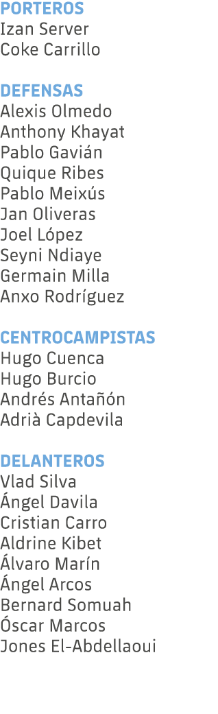 PORTEROS Izan Server Coke Carrillo DEFENSAS Alexis Olmedo Anthony Khayat Pablo Gavi n Quique Ribes Pablo Meix s Jan O...