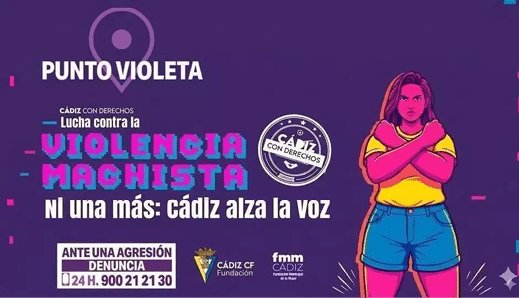 Campa a contra la violencia machista con texto en colores llamativos y una persona con camiseta amarilla y pantalones cortos azules cruzando los brazos en se al de protesta. Descripci n generada con IA