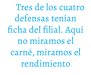 Tres de los cuatro defensas ten an ficha del filial. Aqu no miramos el carn , miramos el rendimiento