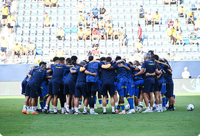 A group of people wearing matching sports uniforms are huddled together on a grassy field in a stadium with empty seats in the background. Descripci n generada con IA