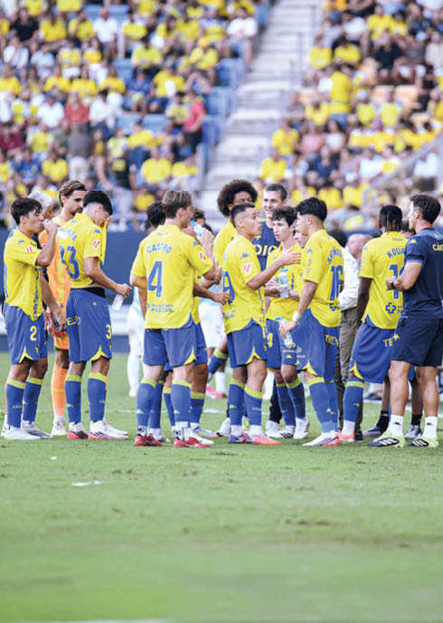 A group of people wearing yellow and blue sports uniforms are standing together on a grassy field with a crowd in the background. Descripci n generada con IA