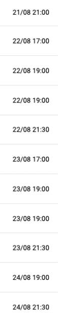 Fechas y horas listadas en formato d a/mes y hora en un dise o simple con texto negro sobre fondo blanco. Descripci n generada con IA