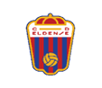 A shield-shaped emblem with red and blue vertical stripes, a yellow volleyball at the bottom center, a crown-like design at the top, and the text “C ELDENSE" in red letters across a white horizontal band near the top. Descripci n generada con IA