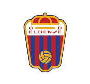 A shield-shaped emblem with red and blue vertical stripes, a yellow volleyball at the bottom center, a crown-like design at the top, and the text “C ELDENSE" in red letters across a white horizontal band near the top. Descripci n generada con IA